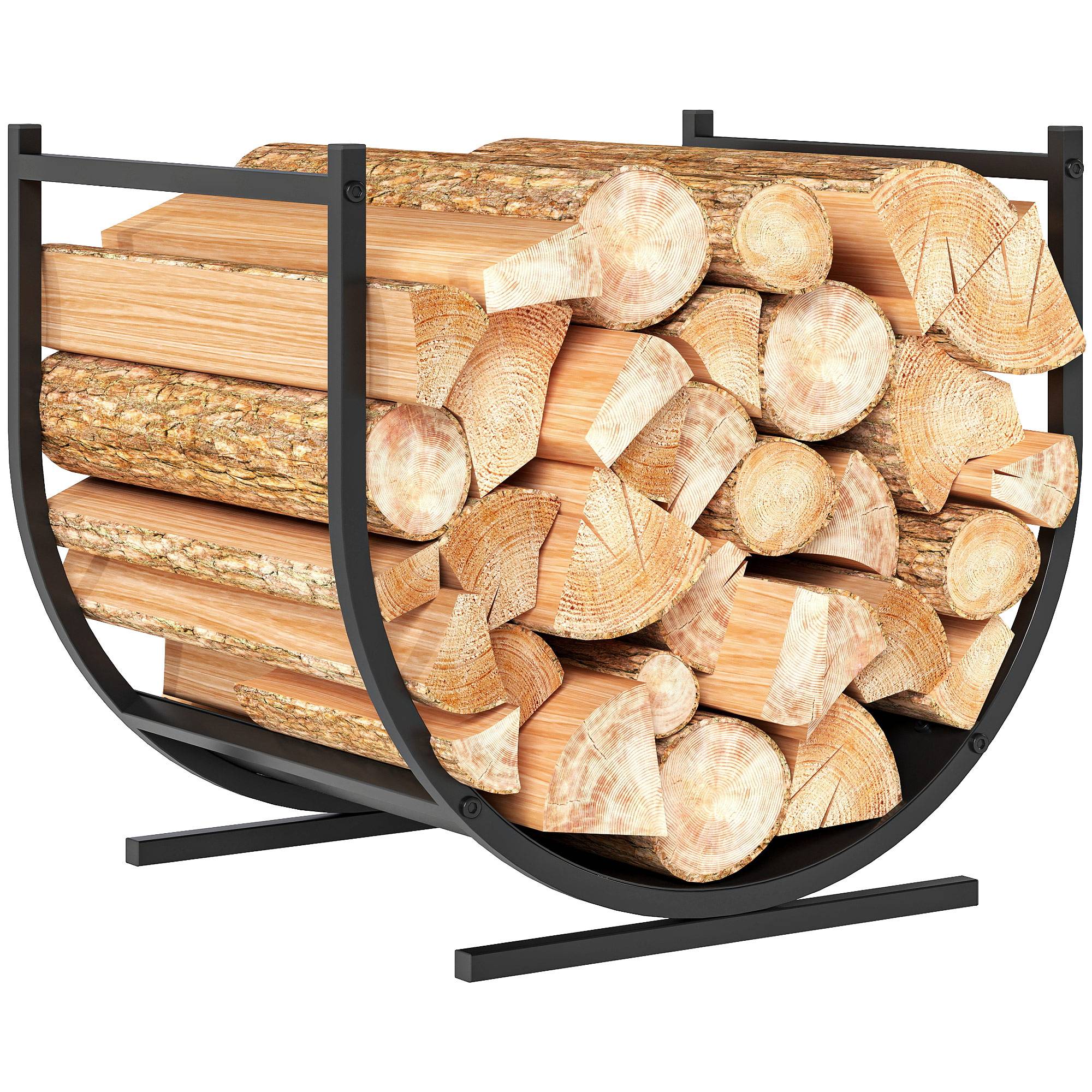 Range-bûches porte buche de cheminée incurvé robust pour intérieur et extérieur, cadre en métal, 43 x 33 x 38 cm, noir