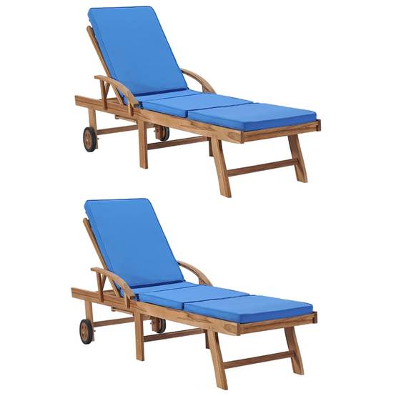 Helloshop26 - Lot de 2 transats chaise longue bain de soleil lit de jardin terrasse meuble d'extérieur avec coussins bois de teck solide bleu - Imagen 1