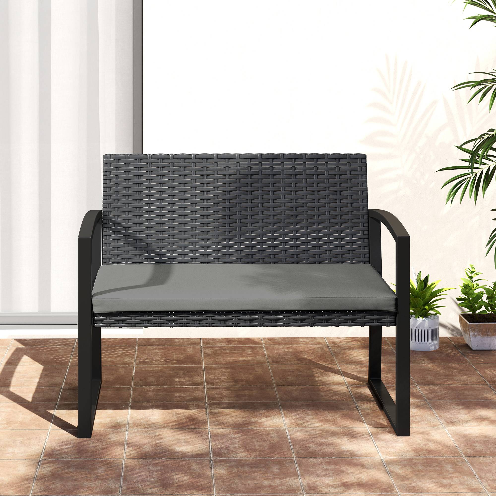 Banc jardin 2 places résine tressée terrasse assise coussin 103x58x78cm gris - ComfortXL Outdoor Living - Image 10