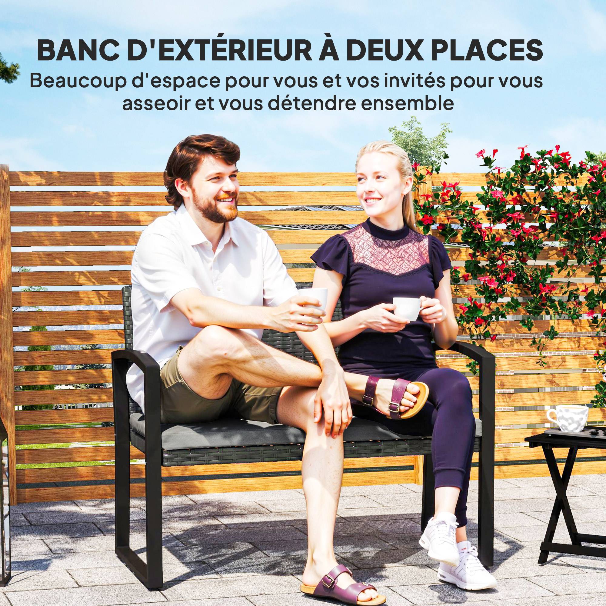 Banc jardin 2 places résine tressée terrasse assise coussin 103x58x78cm gris - ComfortXL Outdoor Living - Image 6