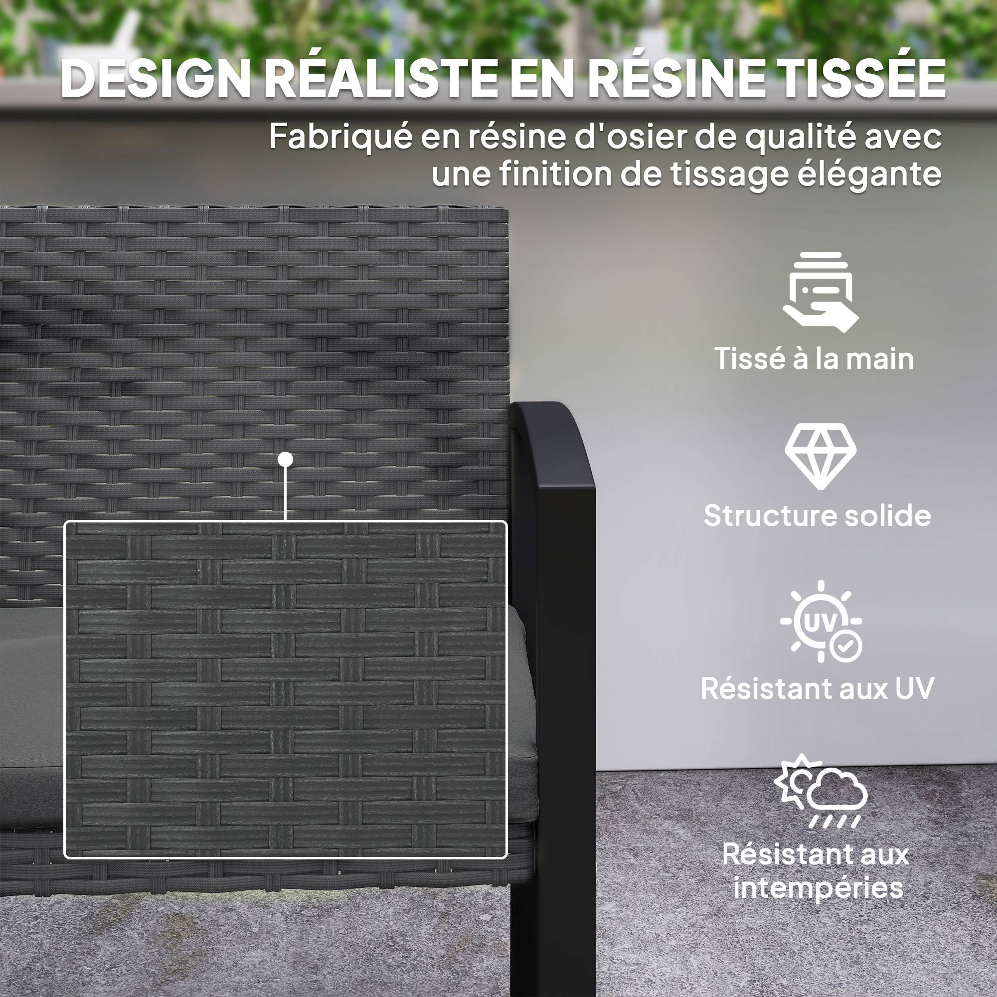 Banc jardin 2 places résine tressée terrasse assise coussin 103x58x78cm gris - ComfortXL Outdoor Living - Image 7