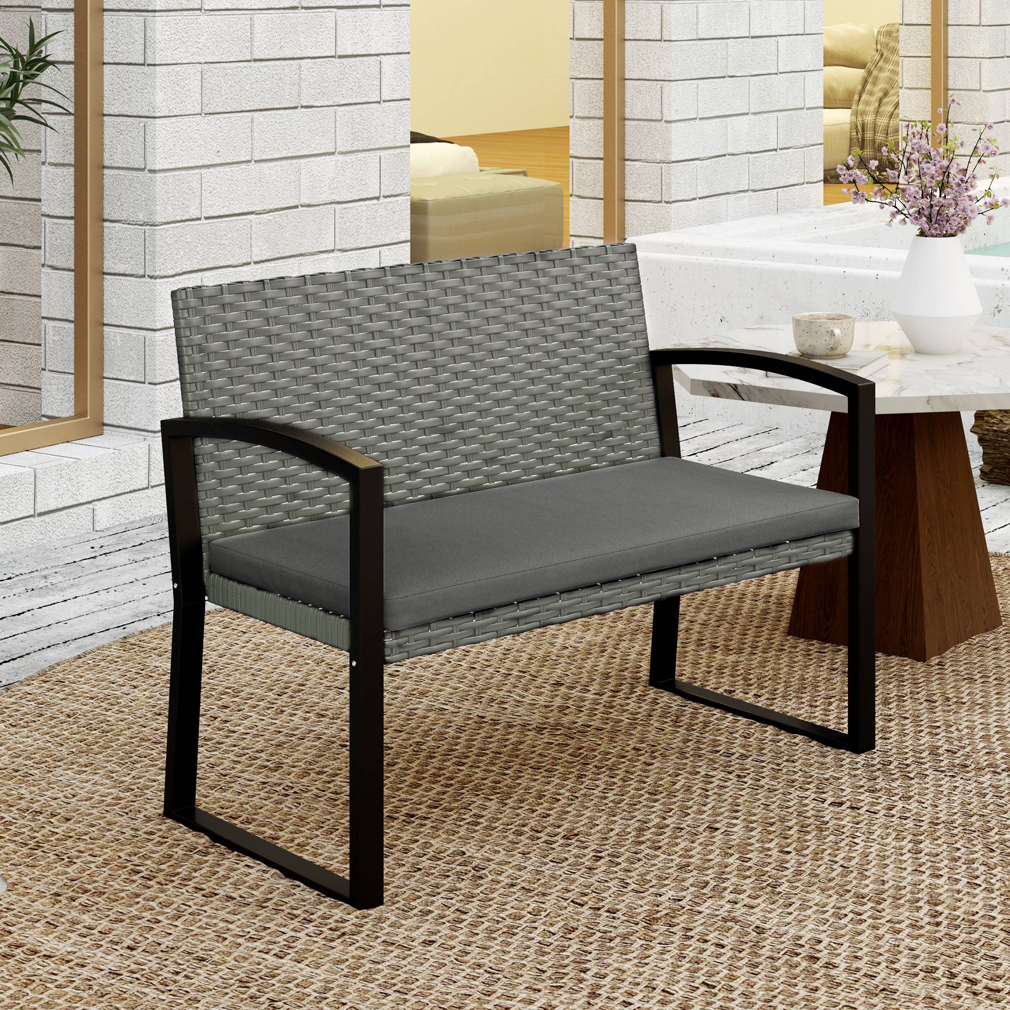 Banc jardin 2 places résine tressée terrasse assise coussin 103x58x78cm gris - ComfortXL Outdoor Living - Image 9