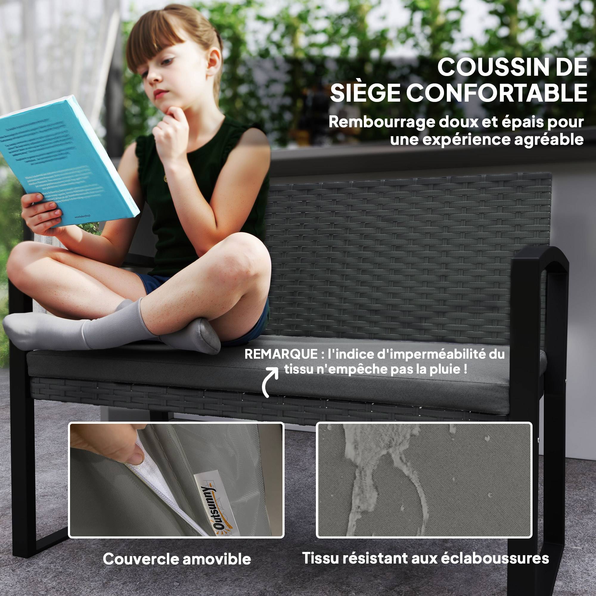 Banc jardin 2 places résine tressée terrasse assise coussin 103x58x78cm gris - ComfortXL Outdoor Living - Image 8