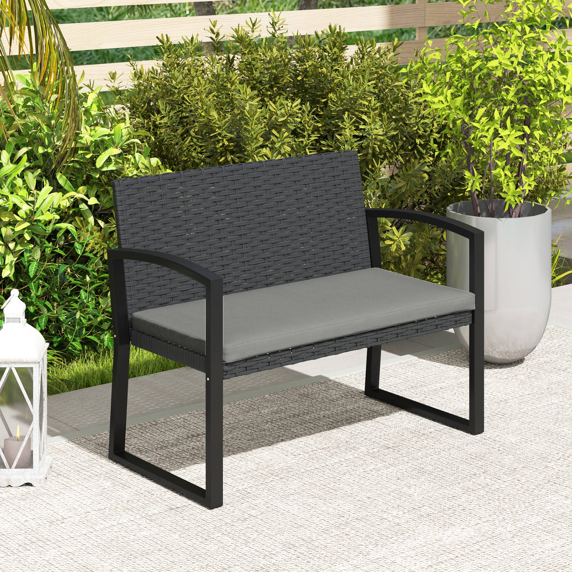 Banc jardin 2 places résine tressée terrasse assise coussin 103x58x78cm gris - ComfortXL Outdoor Living - Image 4