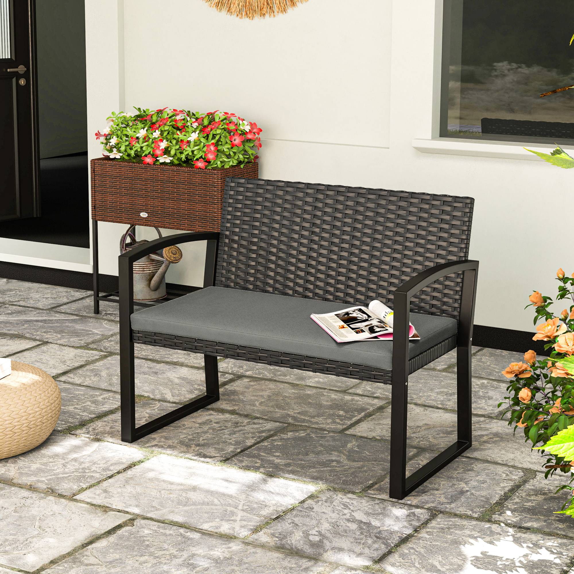 Banc jardin 2 places résine tressée terrasse assise coussin 103x58x78cm gris - ComfortXL Outdoor Living - Image 3