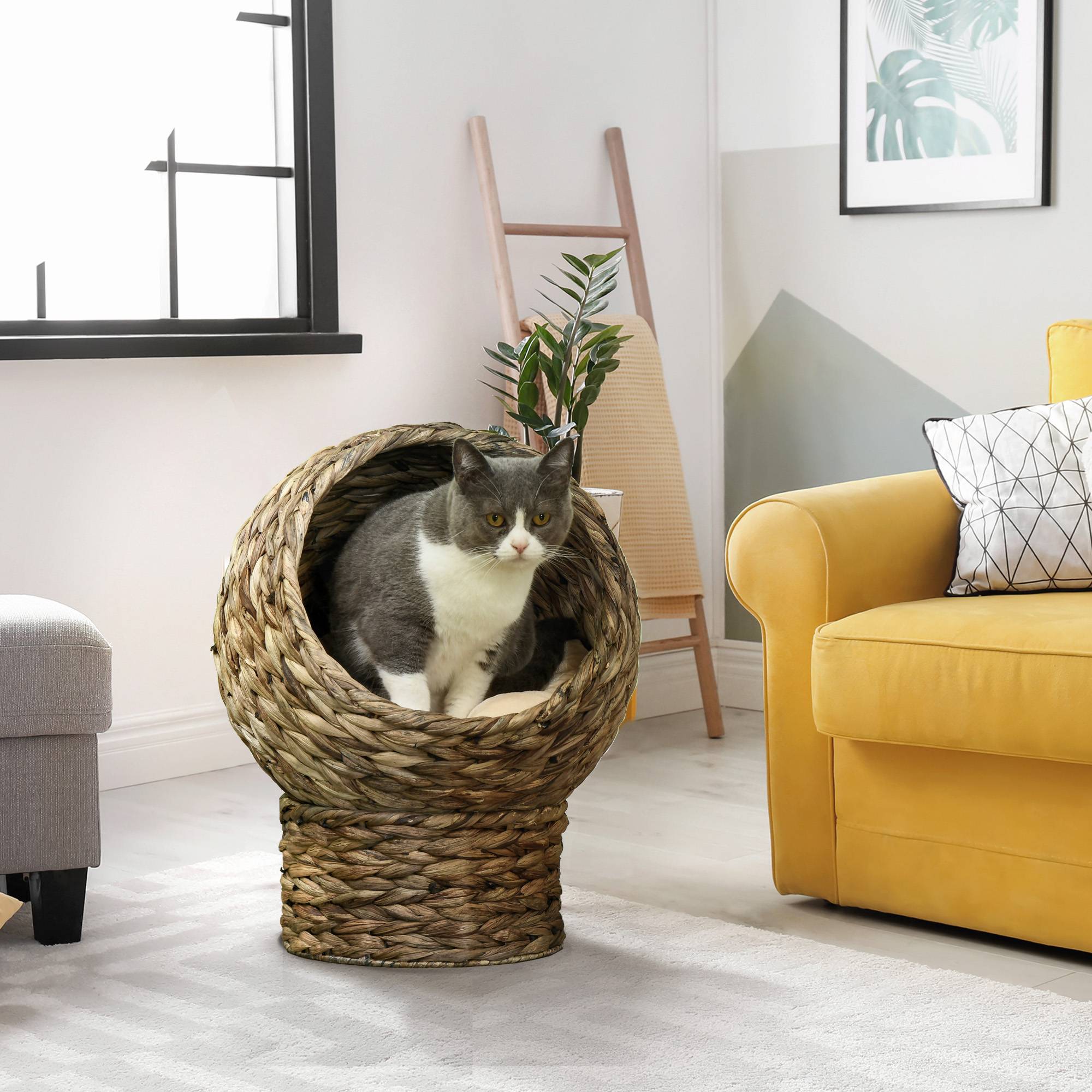 Niche grotte chat surélevée, grand confort, coussin moelleux inclus, 40x37x51 cm, beige - Image 4