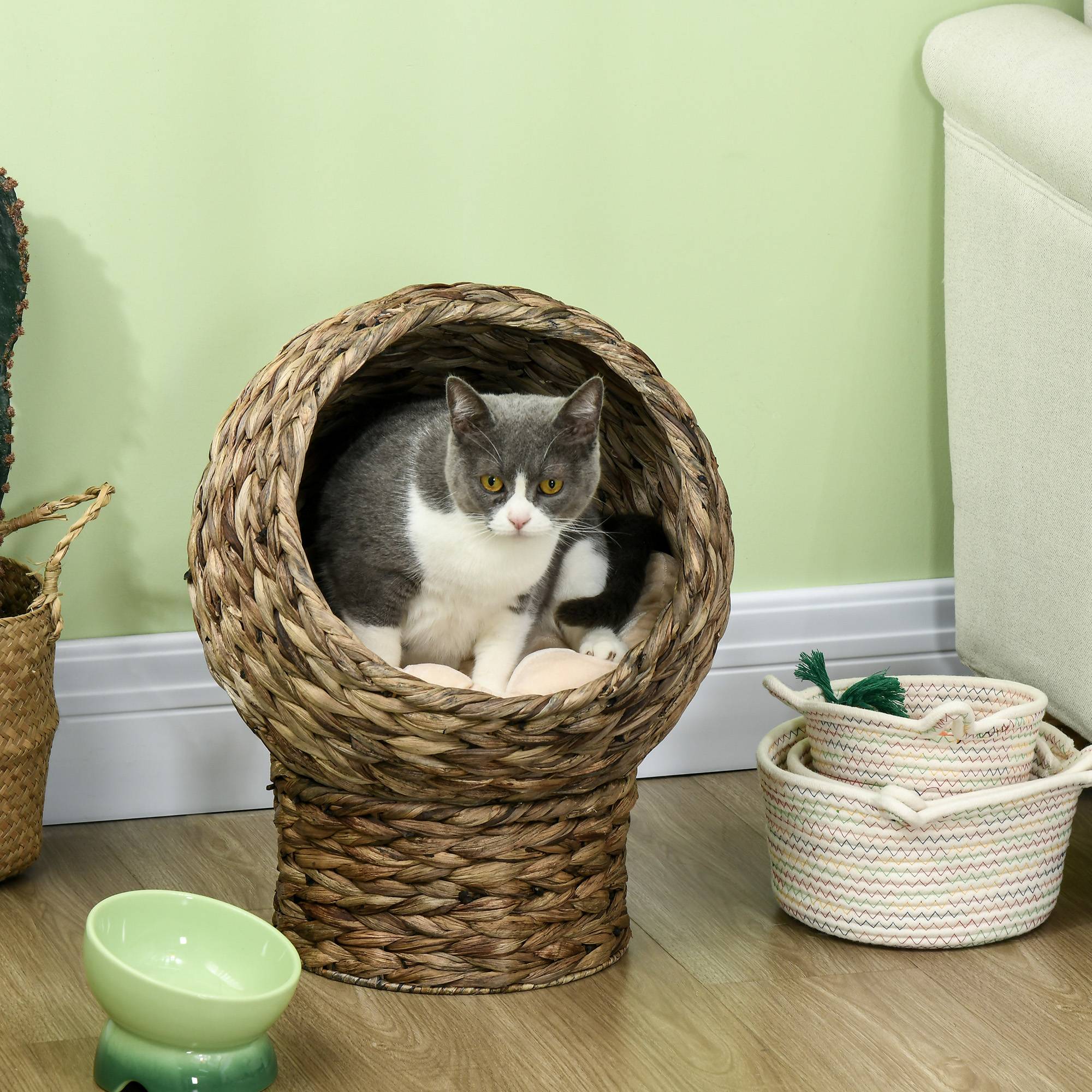 Niche grotte chat surélevée, grand confort, coussin moelleux inclus, 40x37x51 cm, beige - Image 3