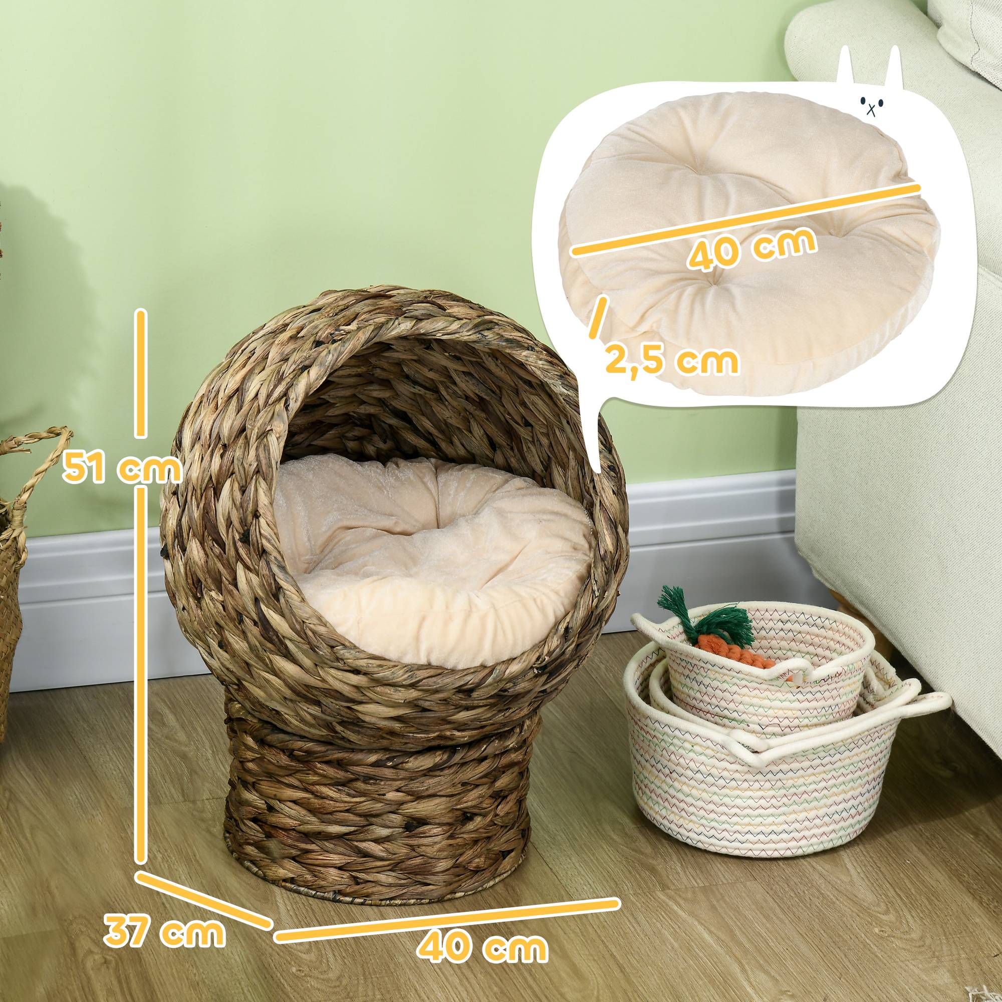 Niche grotte chat surélevée, grand confort, coussin moelleux inclus, 40x37x51 cm, beige - Image 5
