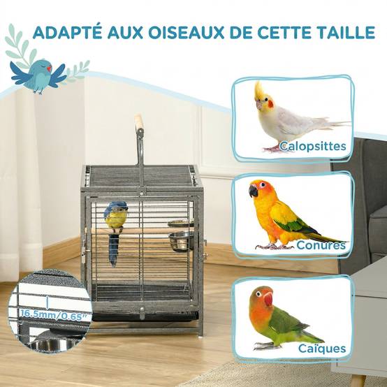 Cage de transport en acier pour perroquets, cage à oiseaux avec 2 bols en acier inoxydable, 2 perchoirs, plateau, noir - Image 9