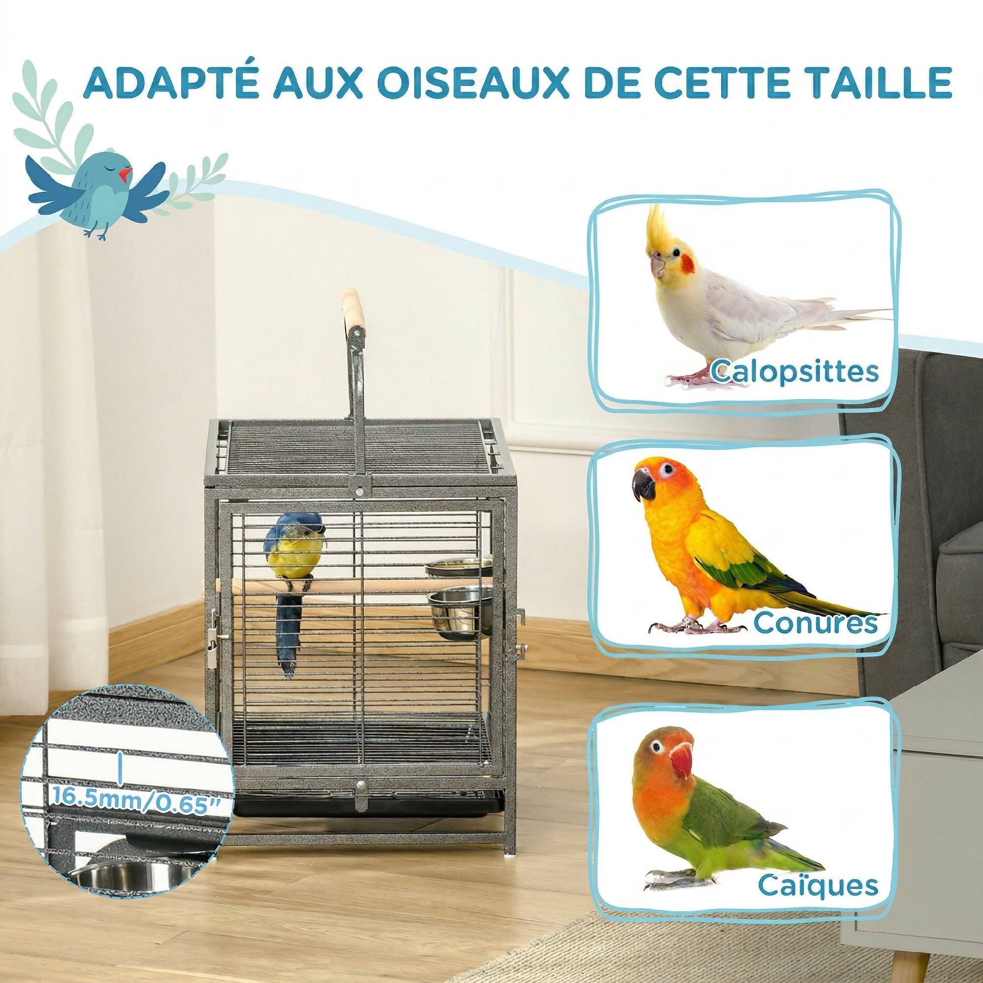 Cage de transport en acier pour perroquets, cage à oiseaux avec 2 bols en acier inoxydable, 2 perchoirs, plateau, noir - Image 9