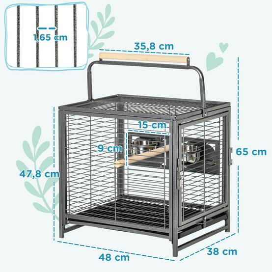 Cage de transport en acier pour perroquets, cage à oiseaux avec 2 bols en acier inoxydable, 2 perchoirs, plateau, noir - Image 5
