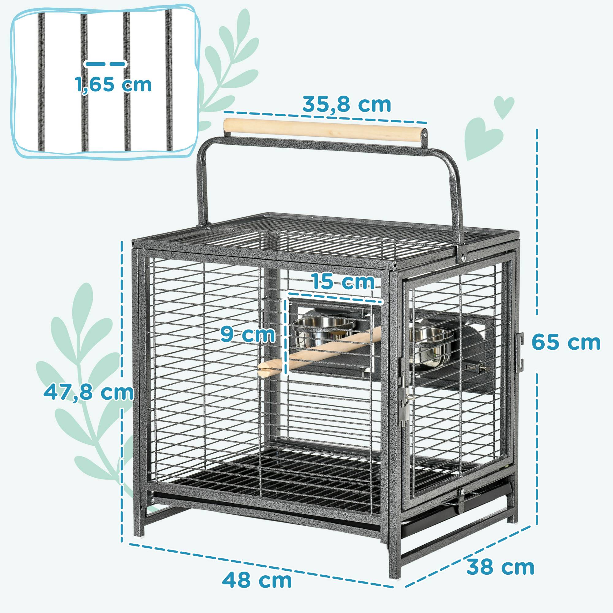 Cage de transport en acier pour perroquets, cage à oiseaux avec 2 bols en acier inoxydable, 2 perchoirs, plateau, noir - Image 5