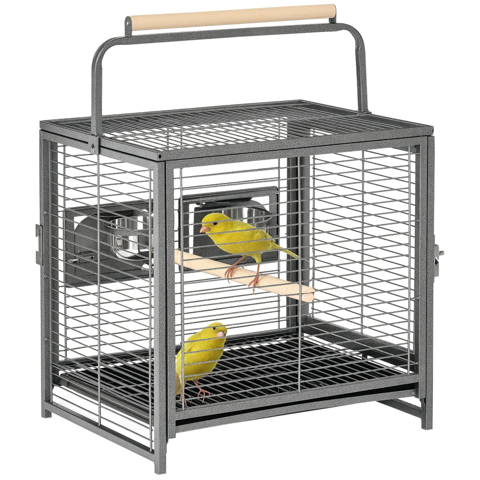 Cage de transport en acier pour perroquets, cage à oiseaux avec 2 bols en acier inoxydable, 2 perchoirs, plateau, noir - Image 1