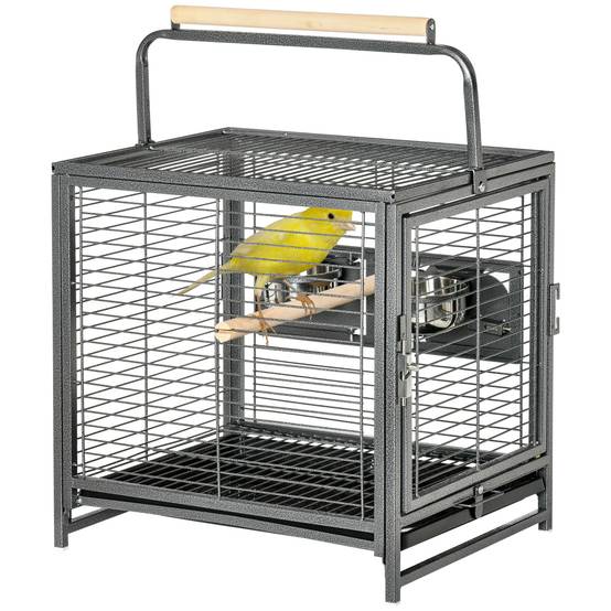 Cage de transport en acier pour perroquets, cage à oiseaux avec 2 bols en acier inoxydable, 2 perchoirs, plateau, noir - Image 2