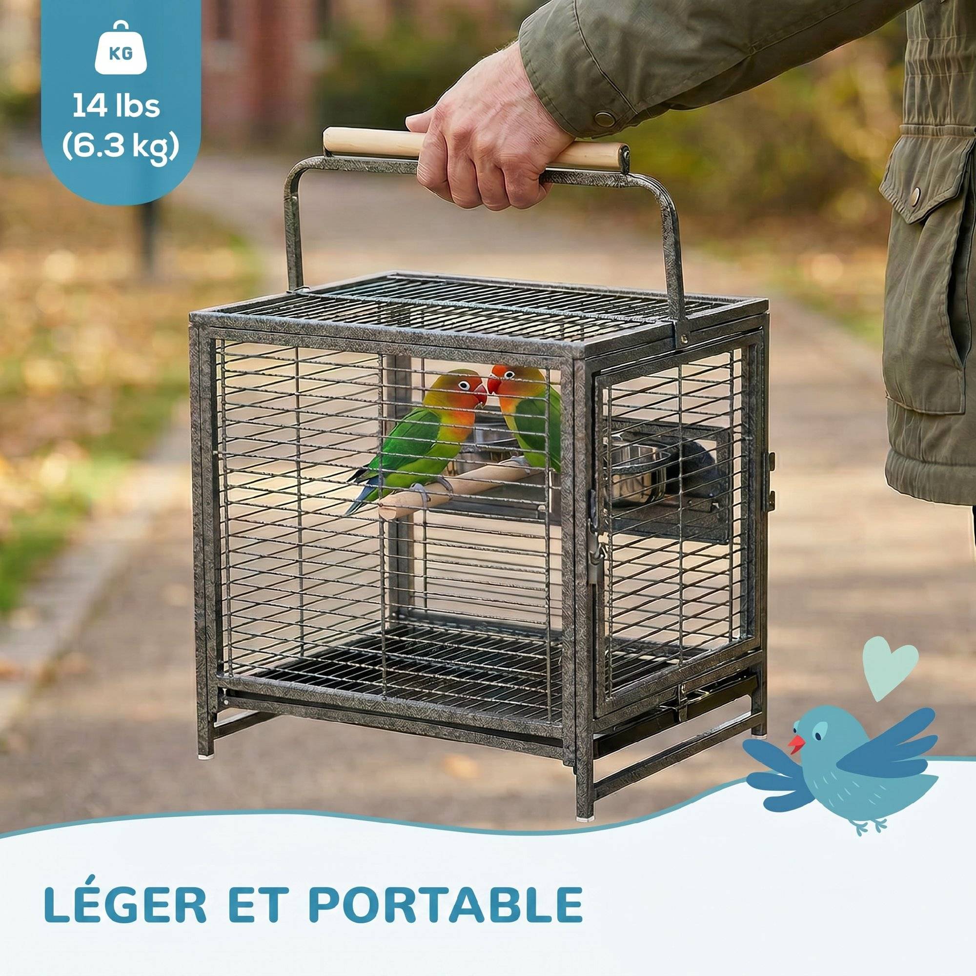 Cage de transport en acier pour perroquets, cage à oiseaux avec 2 bols en acier inoxydable, 2 perchoirs, plateau, noir - Image 10