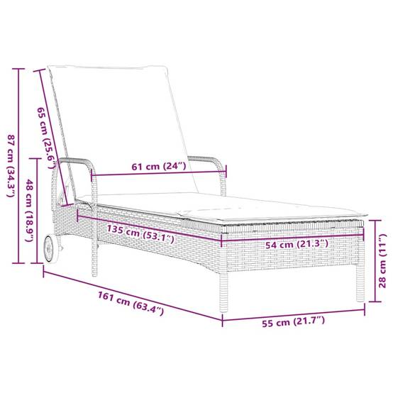 Chaise longue | Transat | Bain de soleil avec roues et coussin beige résine tressée - Image 10