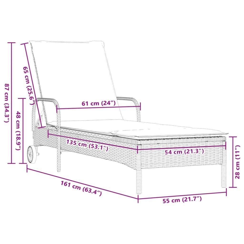 Chaise longue | Transat | Bain de soleil avec roues et coussin beige résine tressée - Image 10