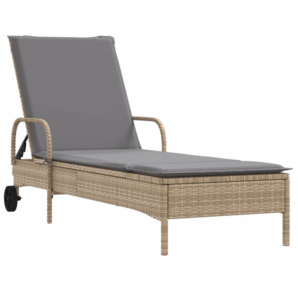 Chaise longue | Transat | Bain de soleil avec roues et coussin beige résine tressée
