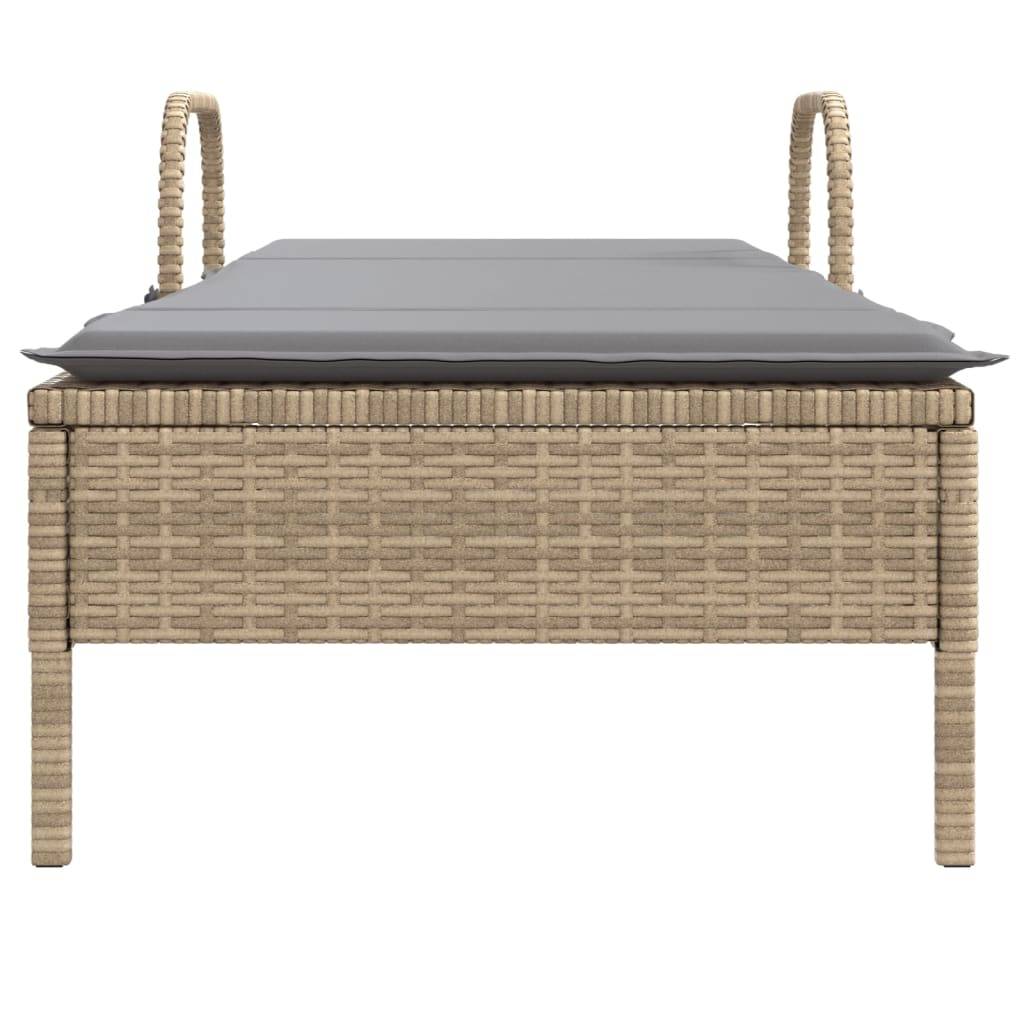 Chaise longue | Transat | Bain de soleil avec roues et coussin beige résine tressée - Image 4