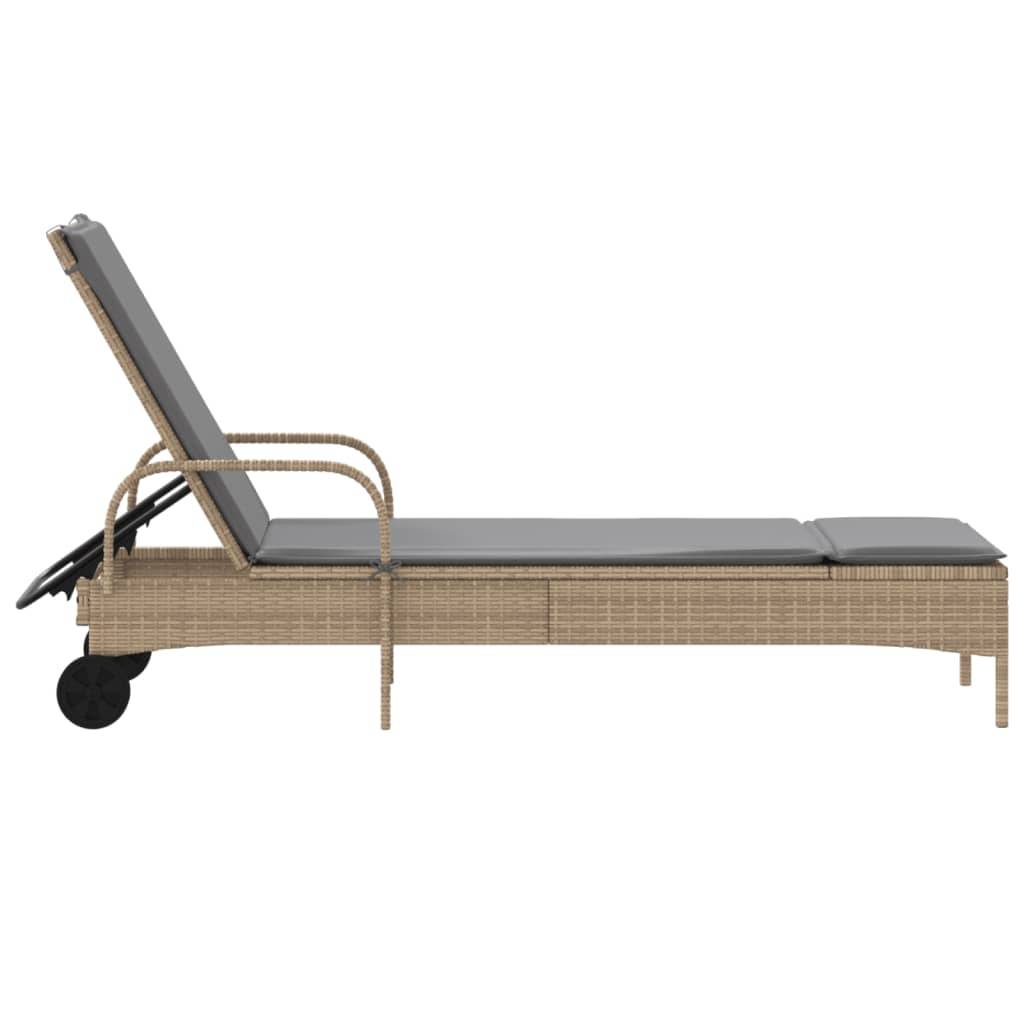 Chaise longue | Transat | Bain de soleil avec roues et coussin beige résine tressée - Image 5