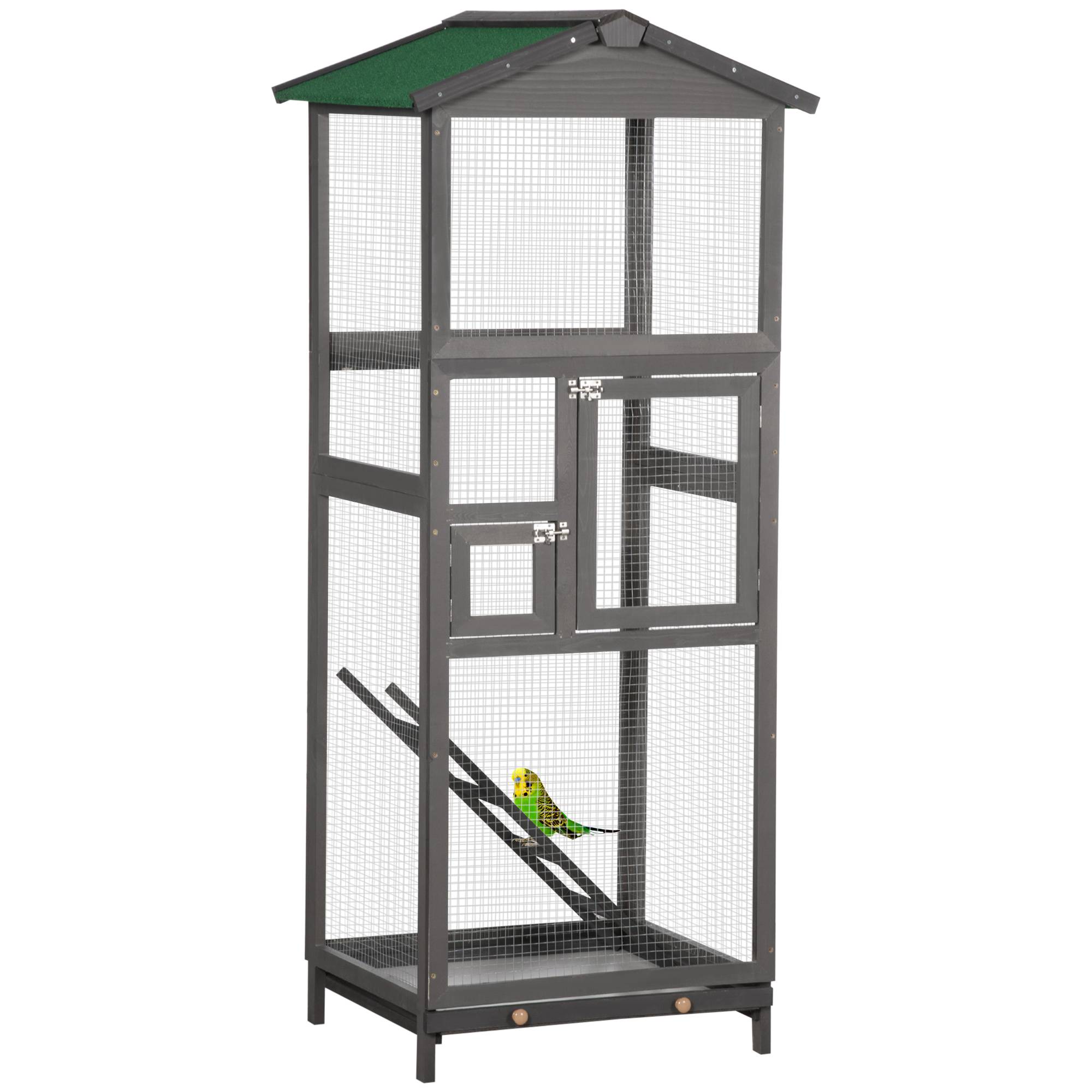 Pawhut - Cage à oiseaux volière grande taille 2 portes toit asphalte tiroir amovible bois gris