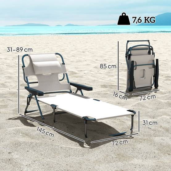 Outsunny - Chaise Longue Pliante avec appuie-tête, trou de lecture, dossier inclinable en Textilène Crème - Outsunny - Image 3