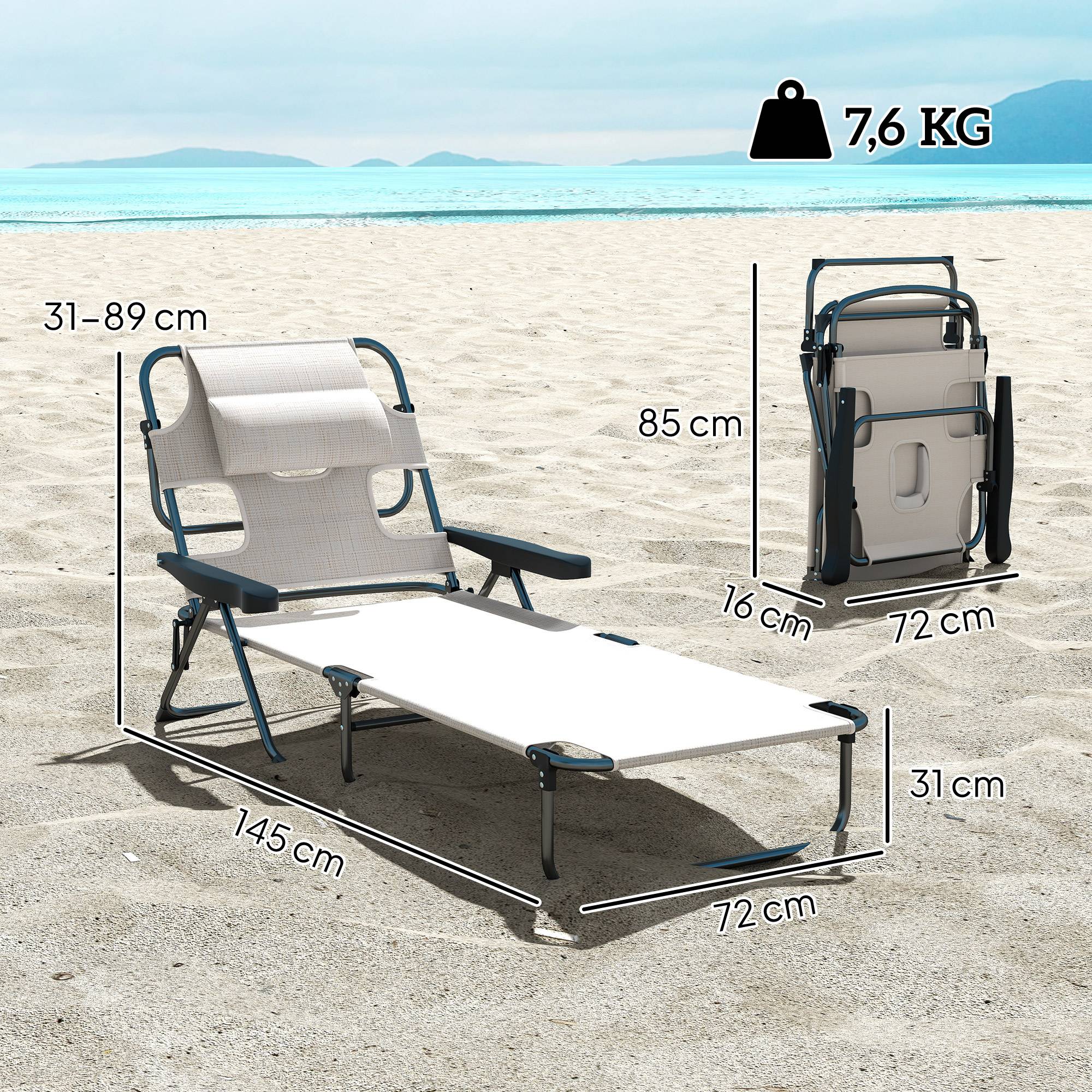 Outsunny - Chaise Longue Pliante avec appuie-tête, trou de lecture, dossier inclinable en Textilène Crème - Outsunny - Image 3