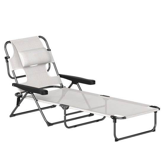 Outsunny - Chaise Longue Pliante avec appuie-tête, trou de lecture, dossier inclinable en Textilène Crème - Outsunny - Image 1