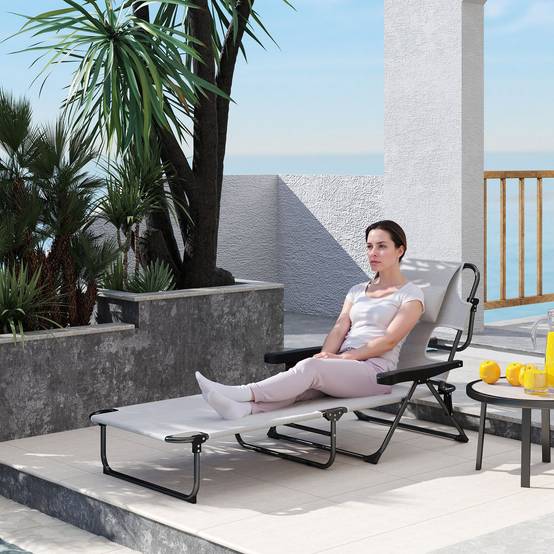 Outsunny - Chaise Longue Pliante avec appuie-tête, trou de lecture, dossier inclinable en Textilène Crème - Outsunny - Image 2