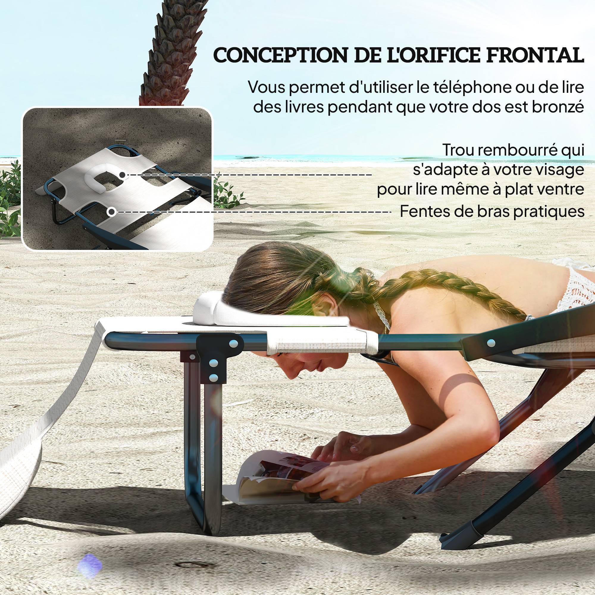 Outsunny - Chaise Longue Pliante avec appuie-tête, trou de lecture, dossier inclinable en Textilène Crème - Outsunny - Image 5