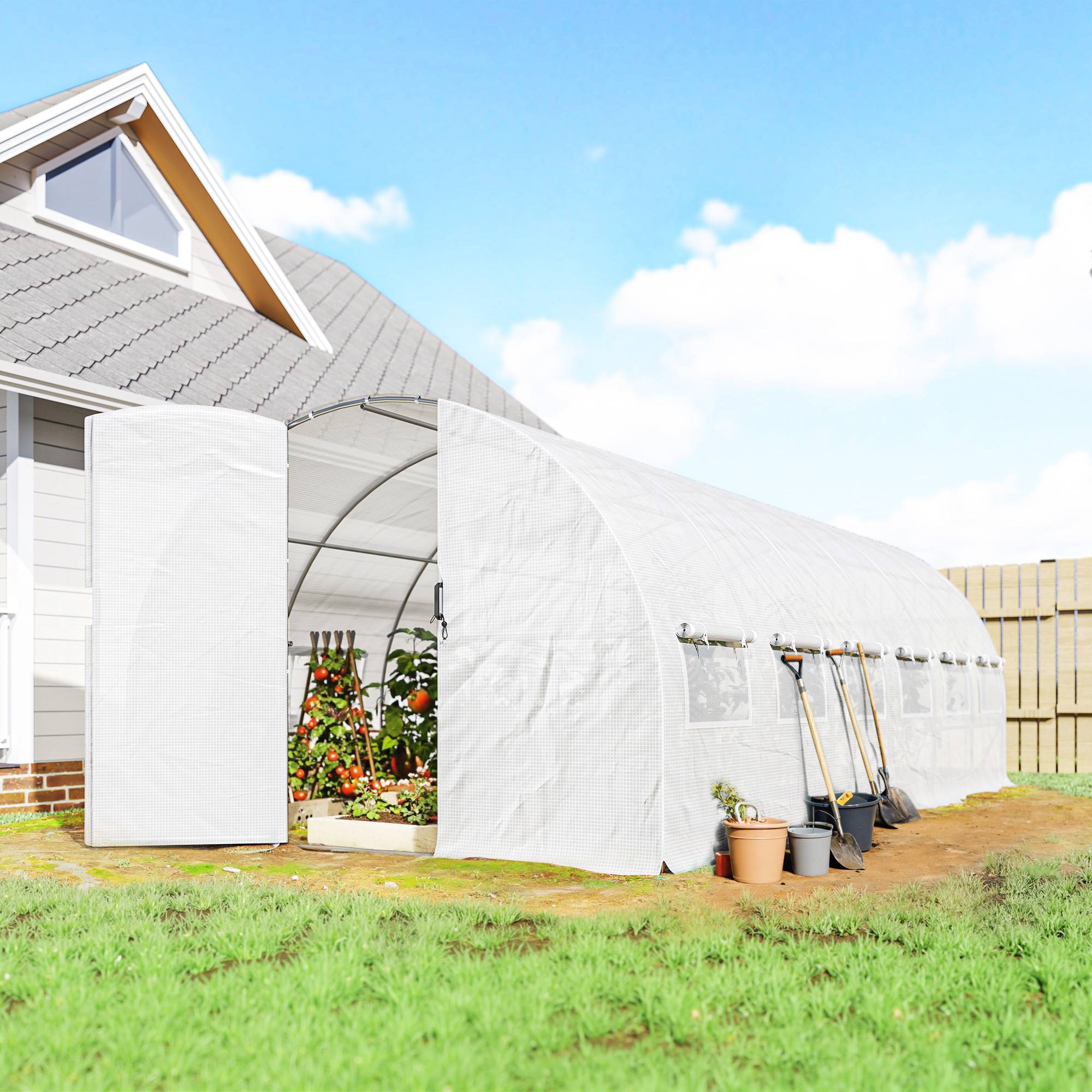 ComfortXL - Serre tunnel de jardin 18 m² en acier galvanisé et PE blanc 295 x 597 x 200 cm pour potager avec 12 fenêtres - Image 1