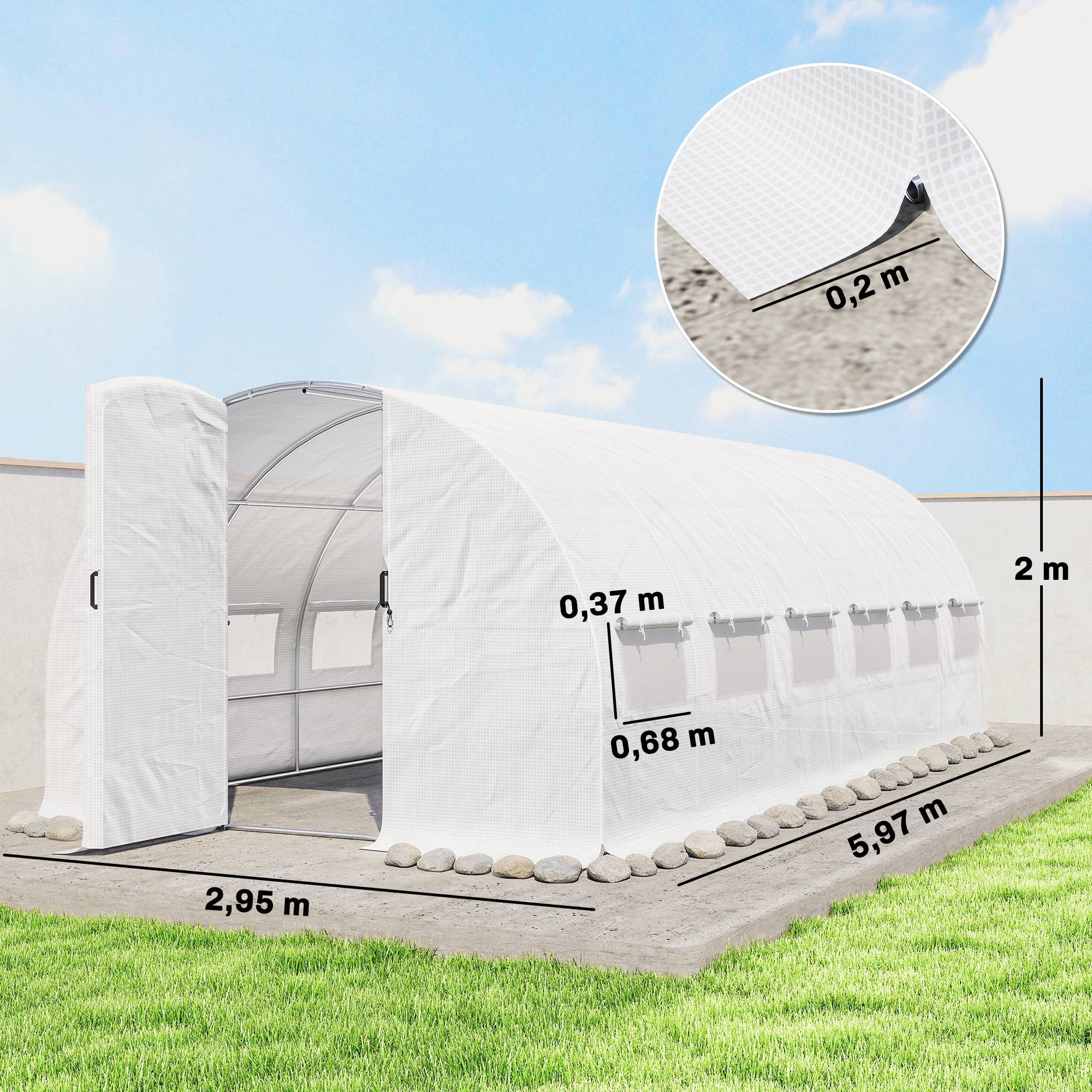 ComfortXL - Serre tunnel de jardin 18 m² en acier galvanisé et PE blanc 295 x 597 x 200 cm pour potager avec 12 fenêtres - Image 3