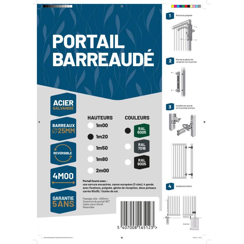 Portail barreaudé acier galvanisé passage 4m00 H 1m20 Vert - Easy Clôture - Imagen 4