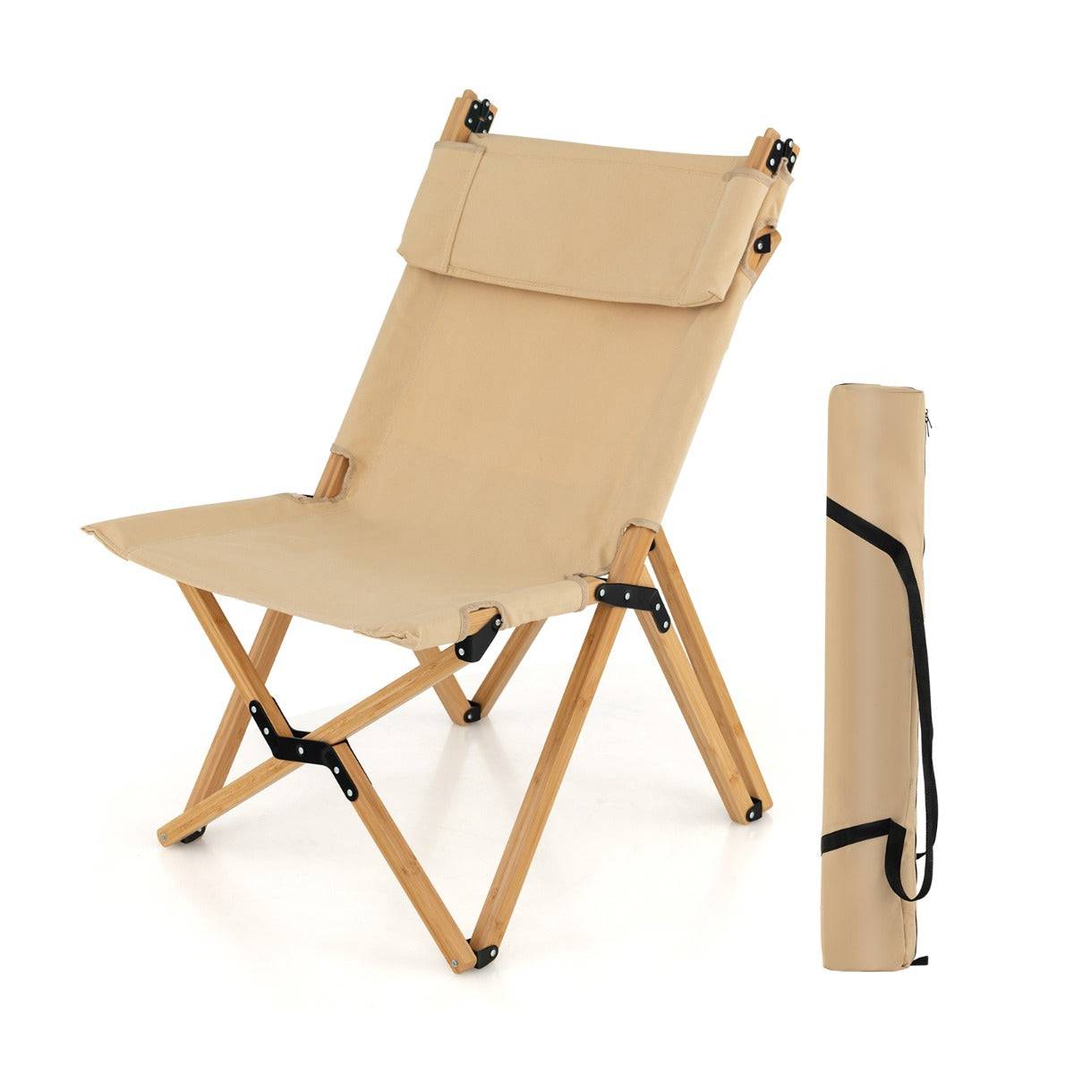 Helloshop26 - Chaise de camping pliante en bambou charge 150kg avec dossier ajustable 48/60cm en toile légère sac de transport beige - Imagen 1
