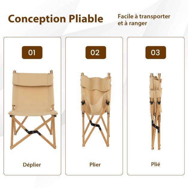 Helloshop26 - Chaise de camping pliante en bambou charge 150kg avec dossier ajustable 48/60cm en toile légère sac de transport beige - Imagen 3