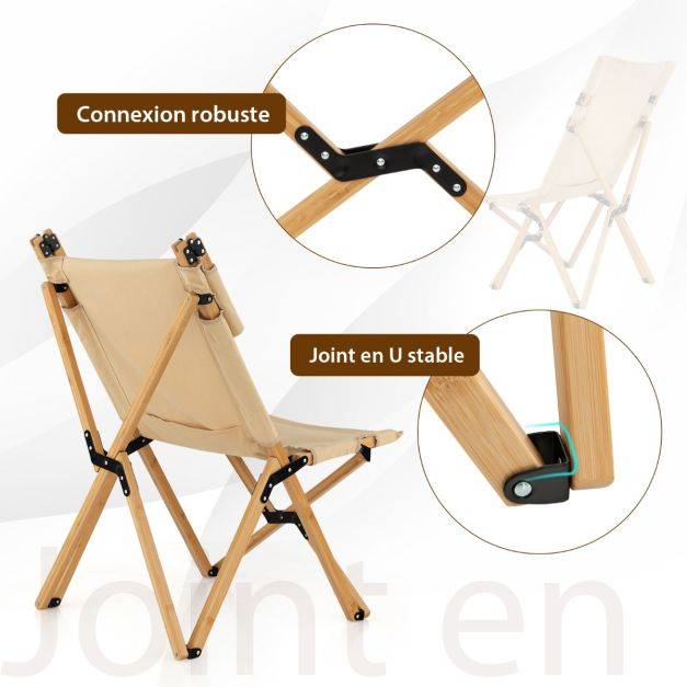 Helloshop26 - Chaise de camping pliante en bambou charge 150kg avec dossier ajustable 48/60cm en toile légère sac de transport beige - Imagen 4