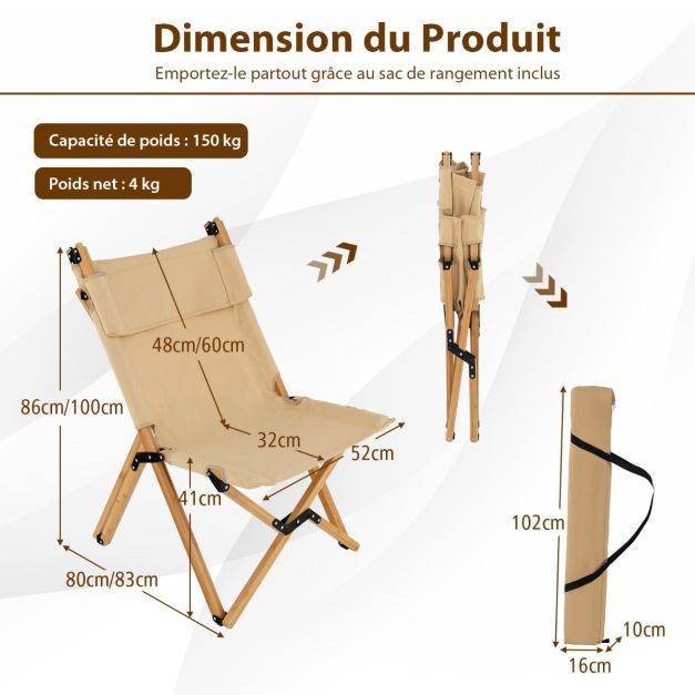Helloshop26 - Chaise de camping pliante en bambou charge 150kg avec dossier ajustable 48/60cm en toile légère sac de transport beige - Imagen 2