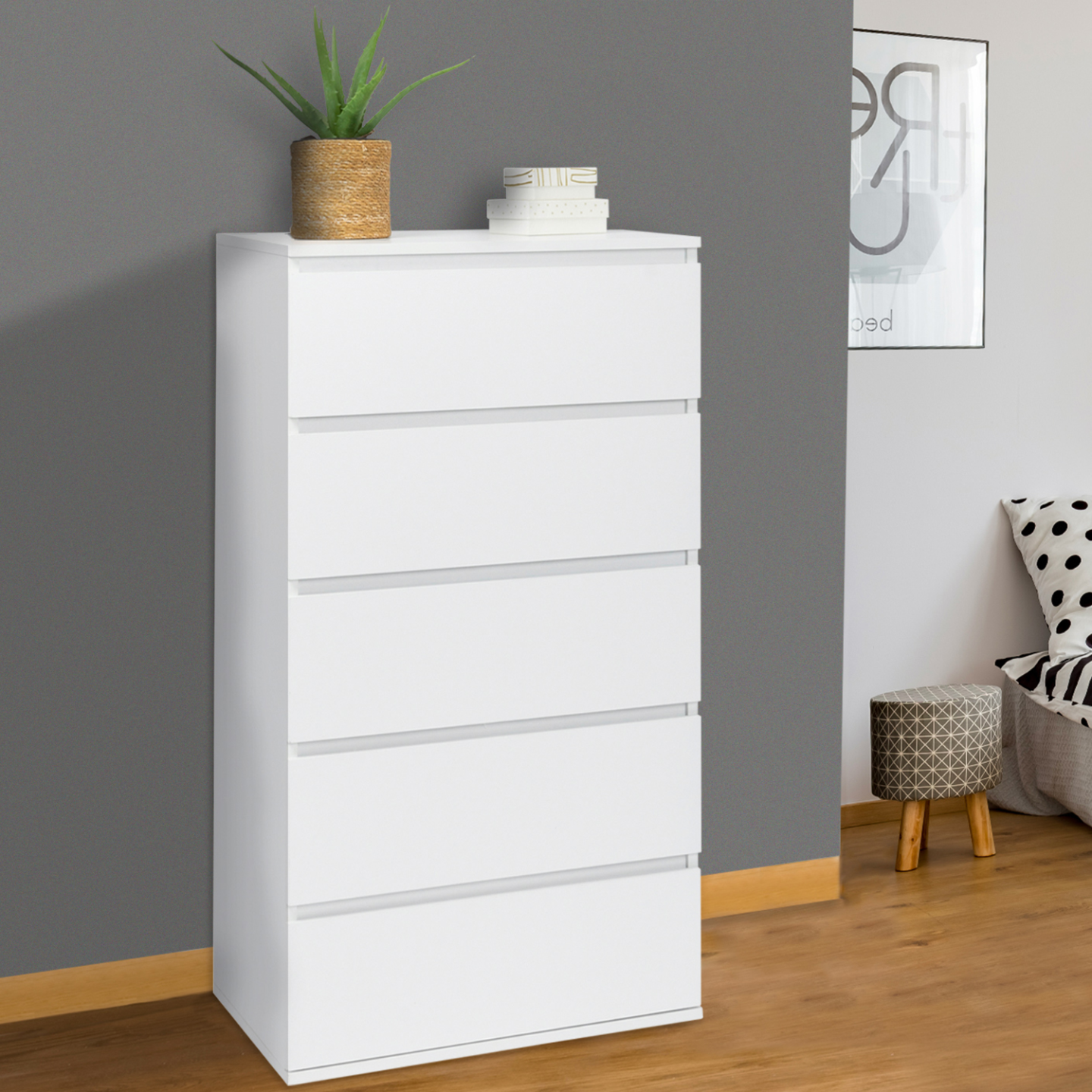 Chiffonnier 5 tiroirs TOMI 60 cm commode semainier bois blanc - Image 1
