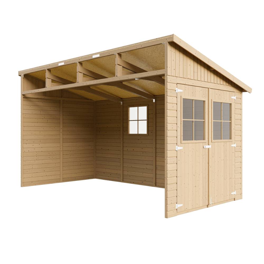 Timbela - Abri de Jardin en Bois Naturel H243x216x416 cm / 8 m² sans paroi latérale avec fenêtres - 17 mm d’épaisseur - Timbela M340 - Image 4