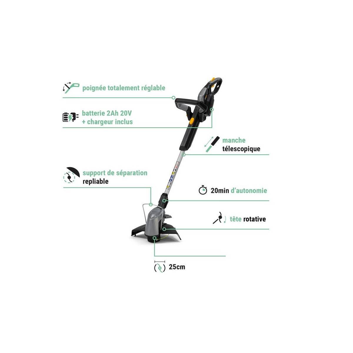 Alpina - Coupe bordure Sans fil 20V Batterie Lithium 2.0 Ah + Chargeur ALPINA Coupe 25cm Tube téléscopique - Imagen 2