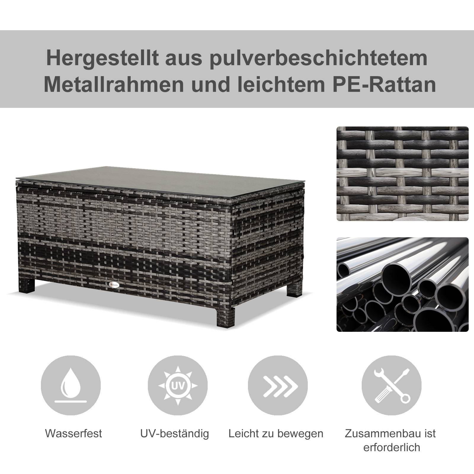 Table basse jardin polyrattan gris 85x50x39cm, pratique pour balcon et terrasse - Image 4