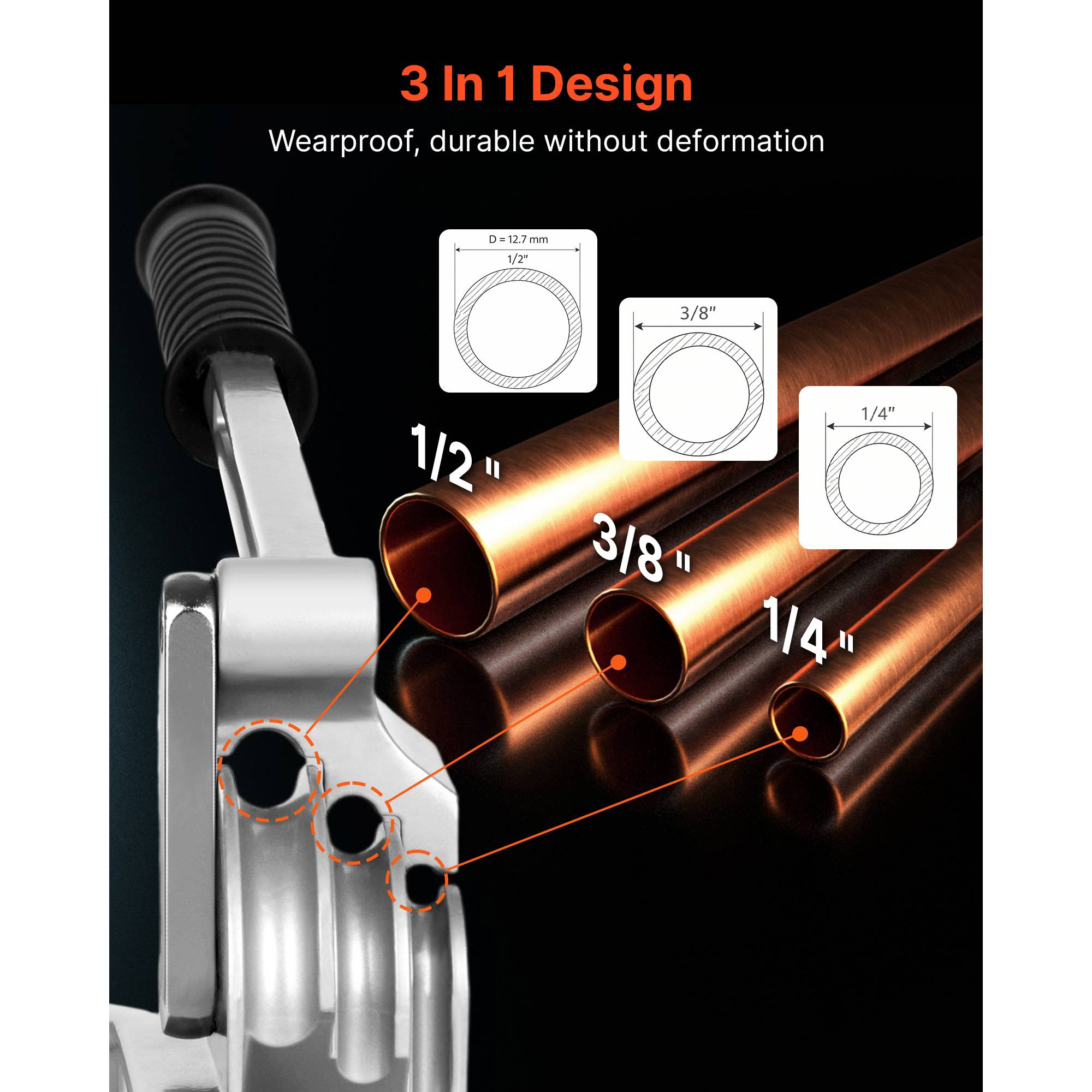 Vevor - VEVOR Cintreuse de tubes 3 en 1 6,35/9,5/12,7 mm, cintrage 0–180° pour cuivre, aluminium, acier inox, portable. - Image 3