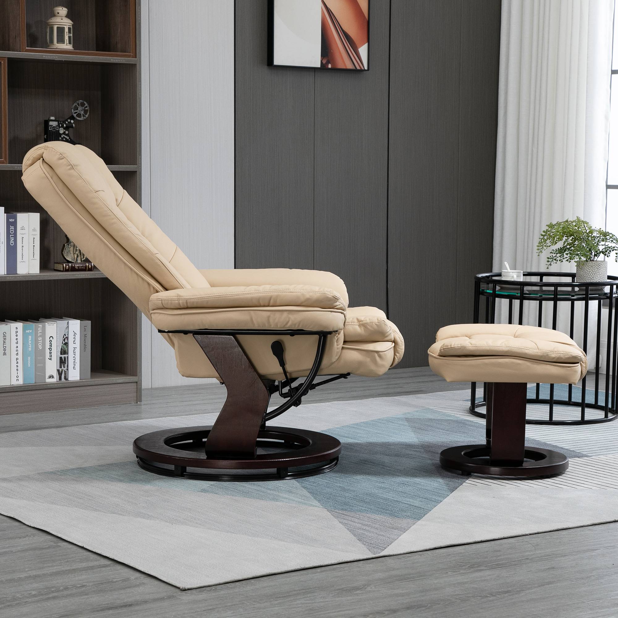 Sans Marque - Fauteuil relax inclinable 135° grand confort pivotant 360° avec repose-pieds revêtement PU beige - Image 10