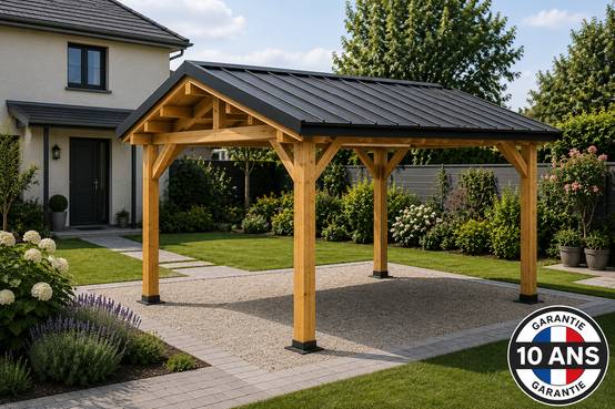 Carport SUR MESURE deux pentes 350 c x 4 poteaux, bois DOUGLAS Français (Charpente en bois-auvent-abri voiture). Garantie 10 ans - Image 1