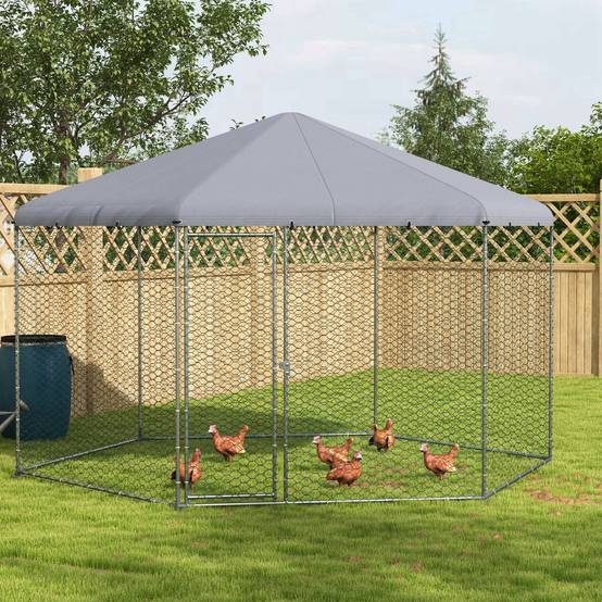 Enclos Poulailler Acier Extérieur Bâche Couverte Parc Grillagé 10m² Argent - ComfortXL Outdoor Living - Image 4