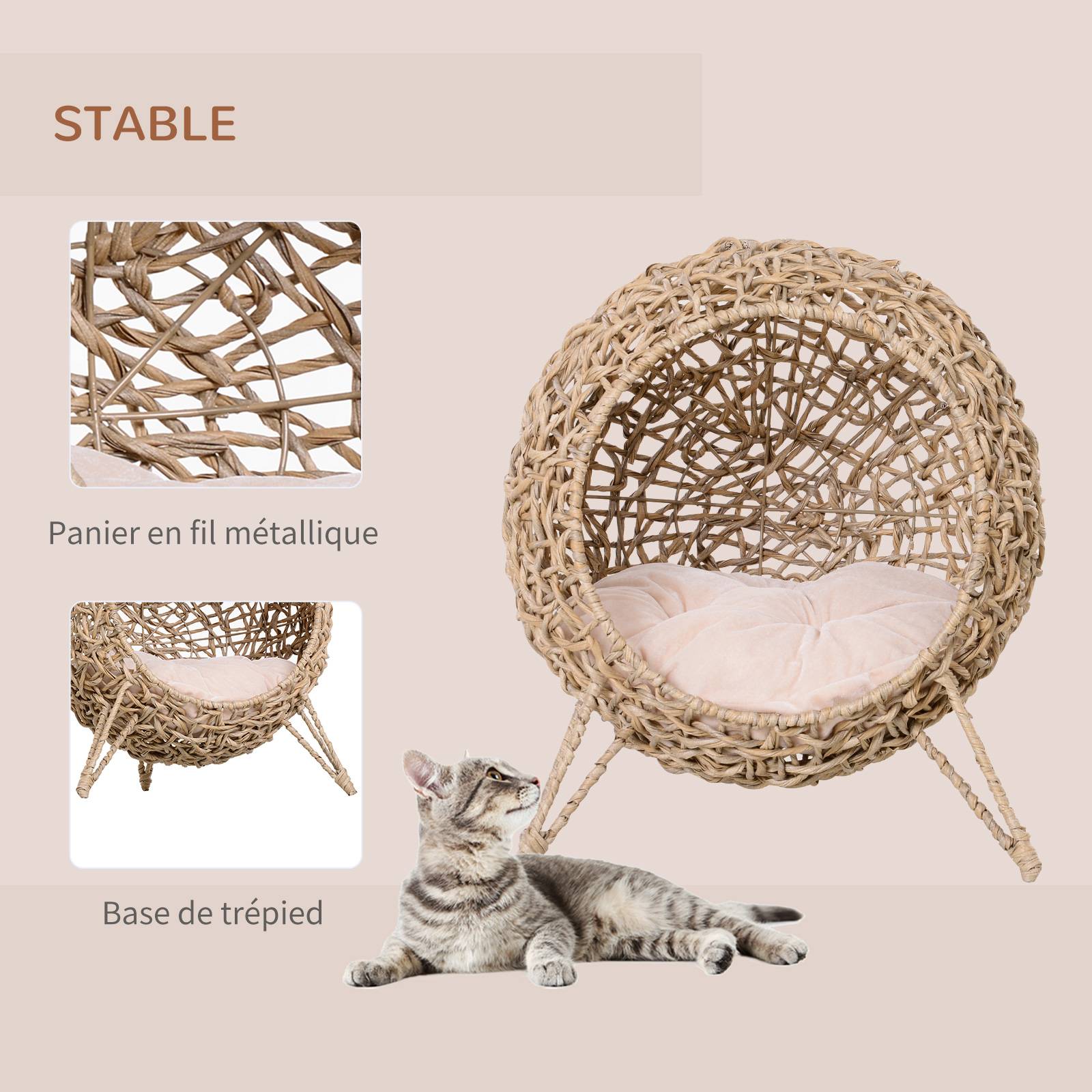 Panier pour chat surélevé résine tressée beige 52 x 52 x 58 cm - PANGIVO - Image 7