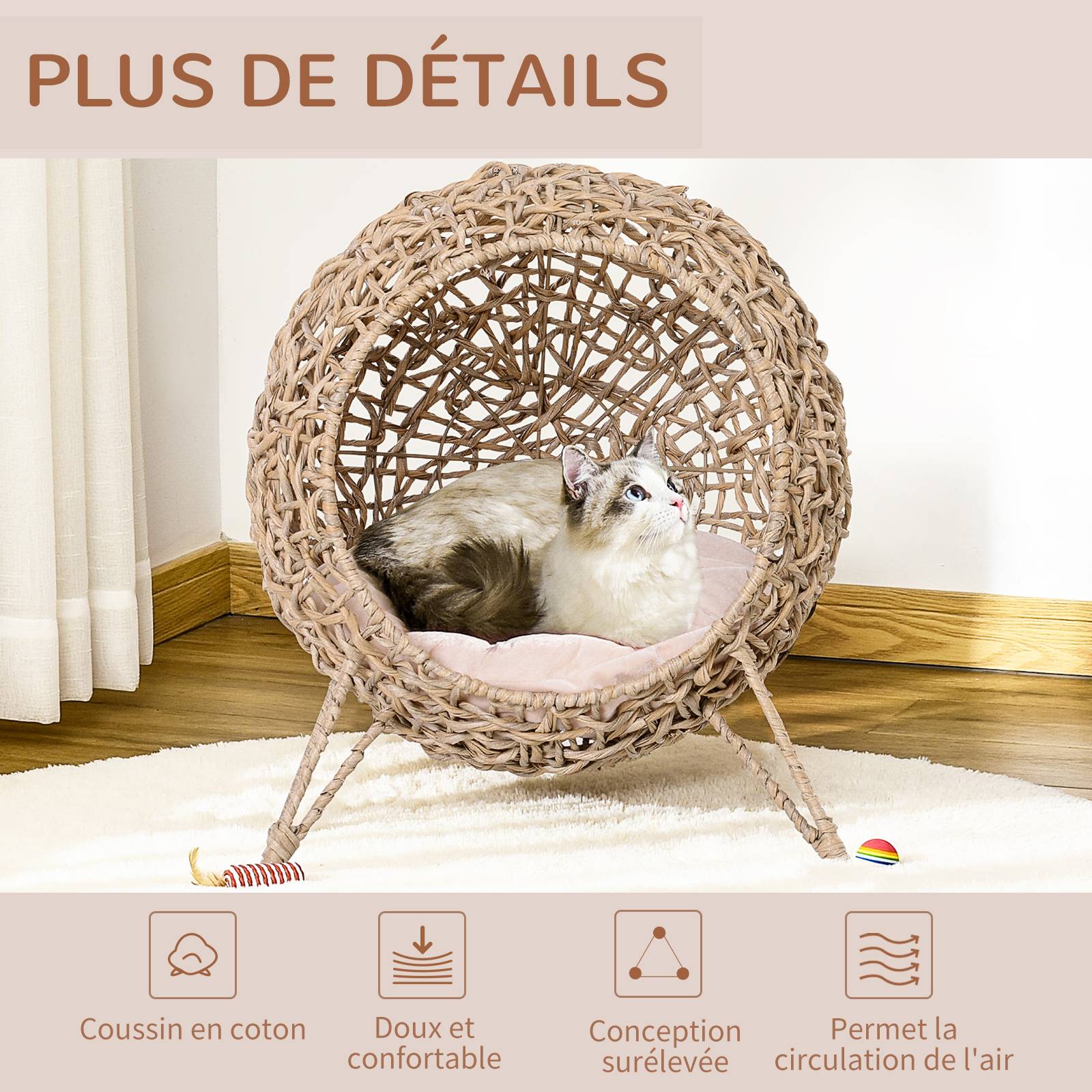 Panier pour chat surélevé résine tressée beige 52 x 52 x 58 cm - PANGIVO - Image 8