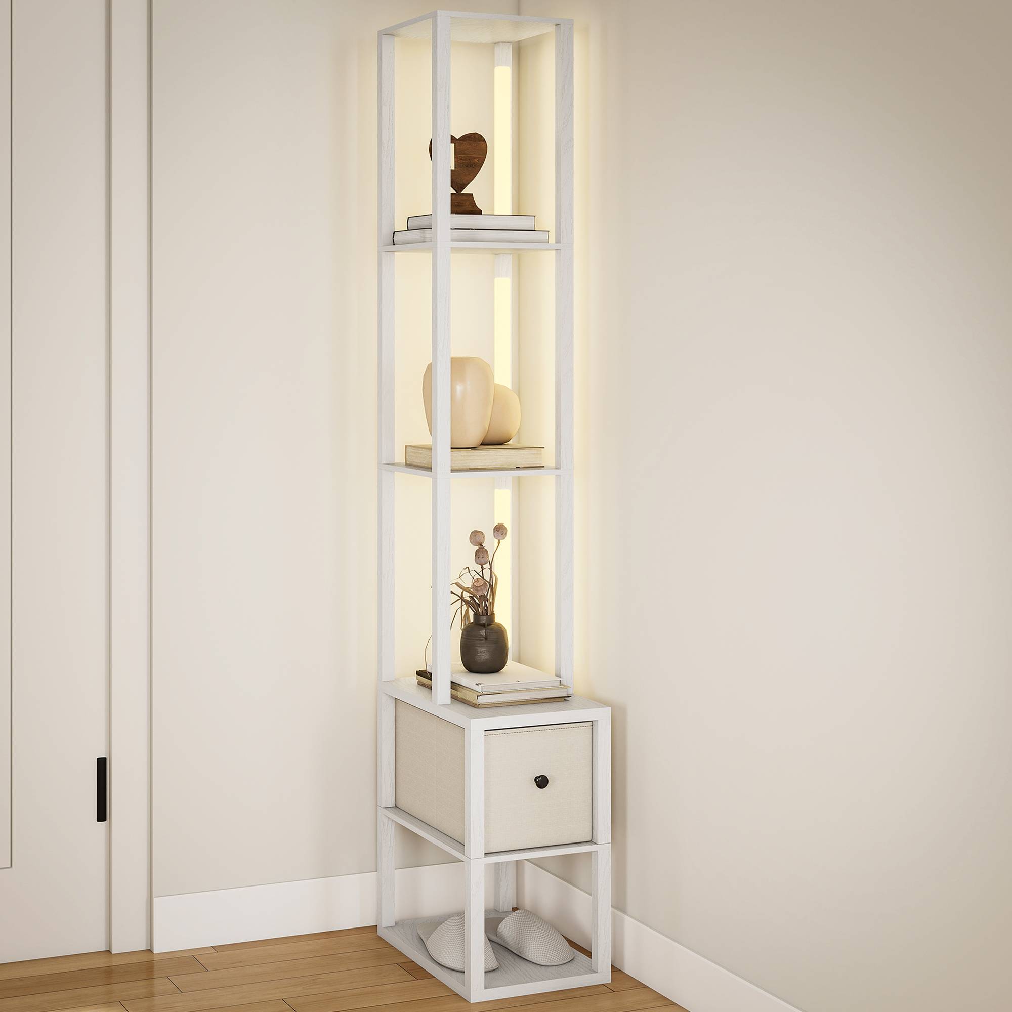 Lampadaire blanc moderne à étagères ouvertes tiroir tissu interrupteur au pied salon et chambre