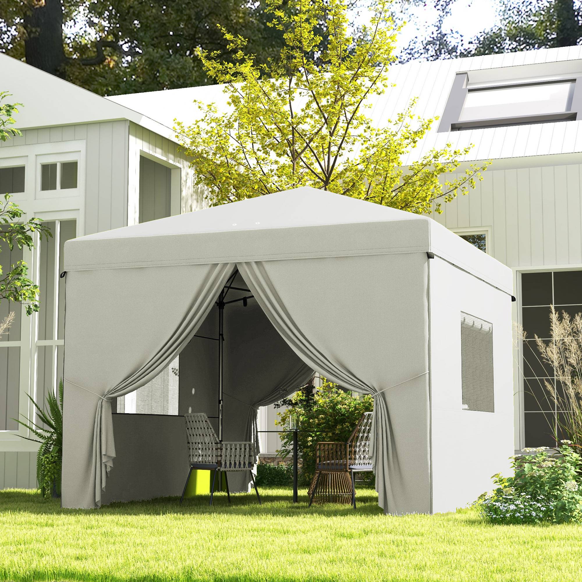 Sans Marque - Tente pliante 3x3m avec 4 rideaux latéraux, 2 fenêtres en filet, hauteur réglable, imperméable et résistante aux UV, blanche - Image 3