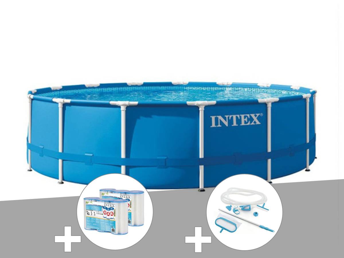 Kit piscine tubulaire Intex Metal Frame ronde 4,57 x 1,22 m + 6 cartouches de filtration + Kit d'entretien - Image 1